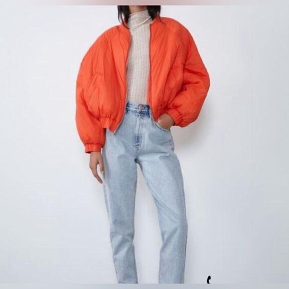 Zara red orange cropped zip front bomber long sleeve‎ puffer jacket size xs - Picture 7 of 15